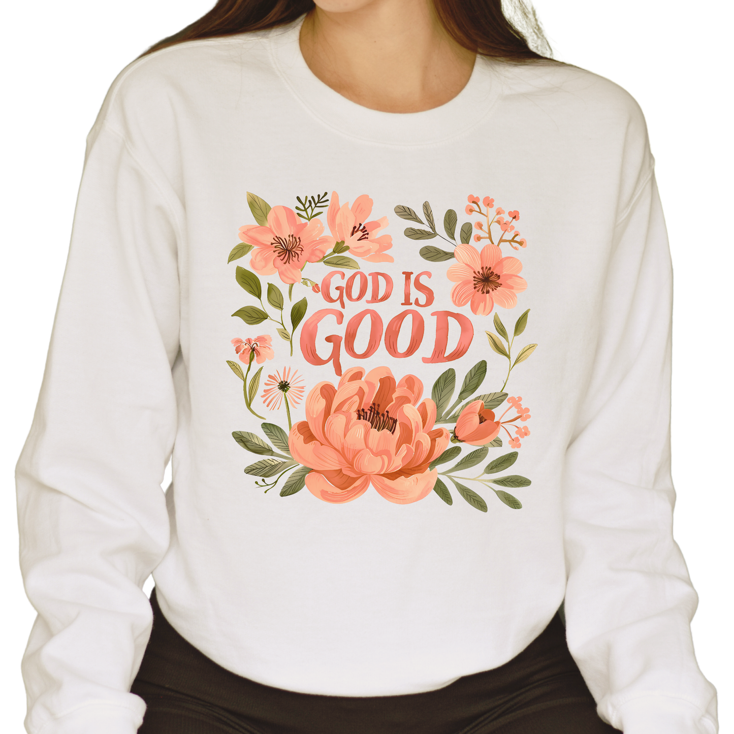 Sweater color Forest Green "God is Good" con Diseño Floral