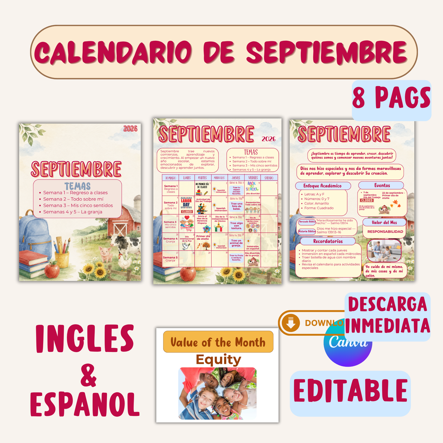 Calendario de Septiembre Editable en canva. descarga inmediata