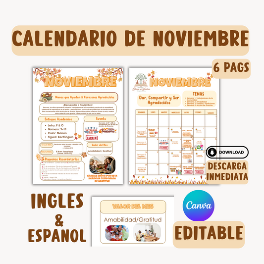 Calendario de Noviembre Inglés/ español. Editable en canva.