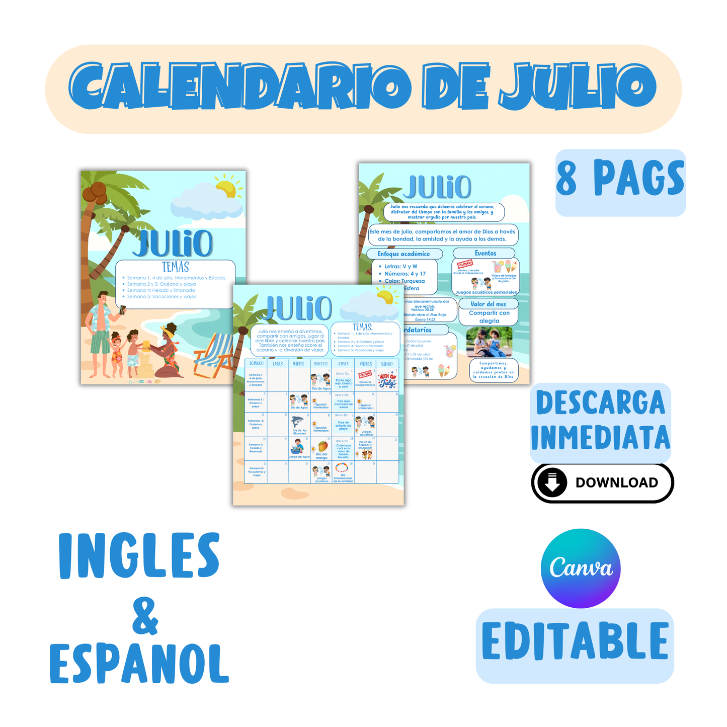 Calendario de Julio (editable) Inglés y Español