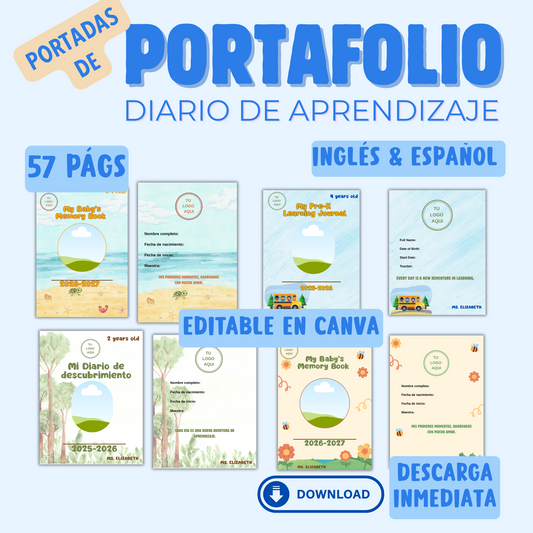 Portadas de Portafolio preescolar infantil, Diario de Aprendizaje, Inglés y Español. Editable