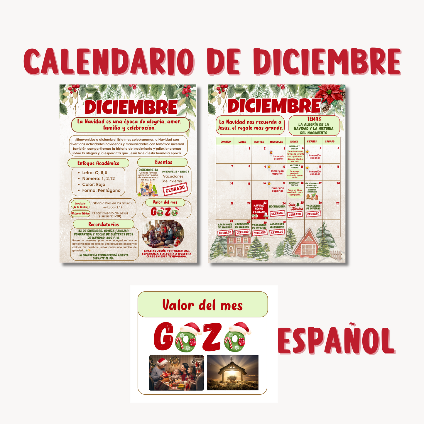 Calendario de Diciembre para mural de padres.(Inglés/ Español) Editable en canva