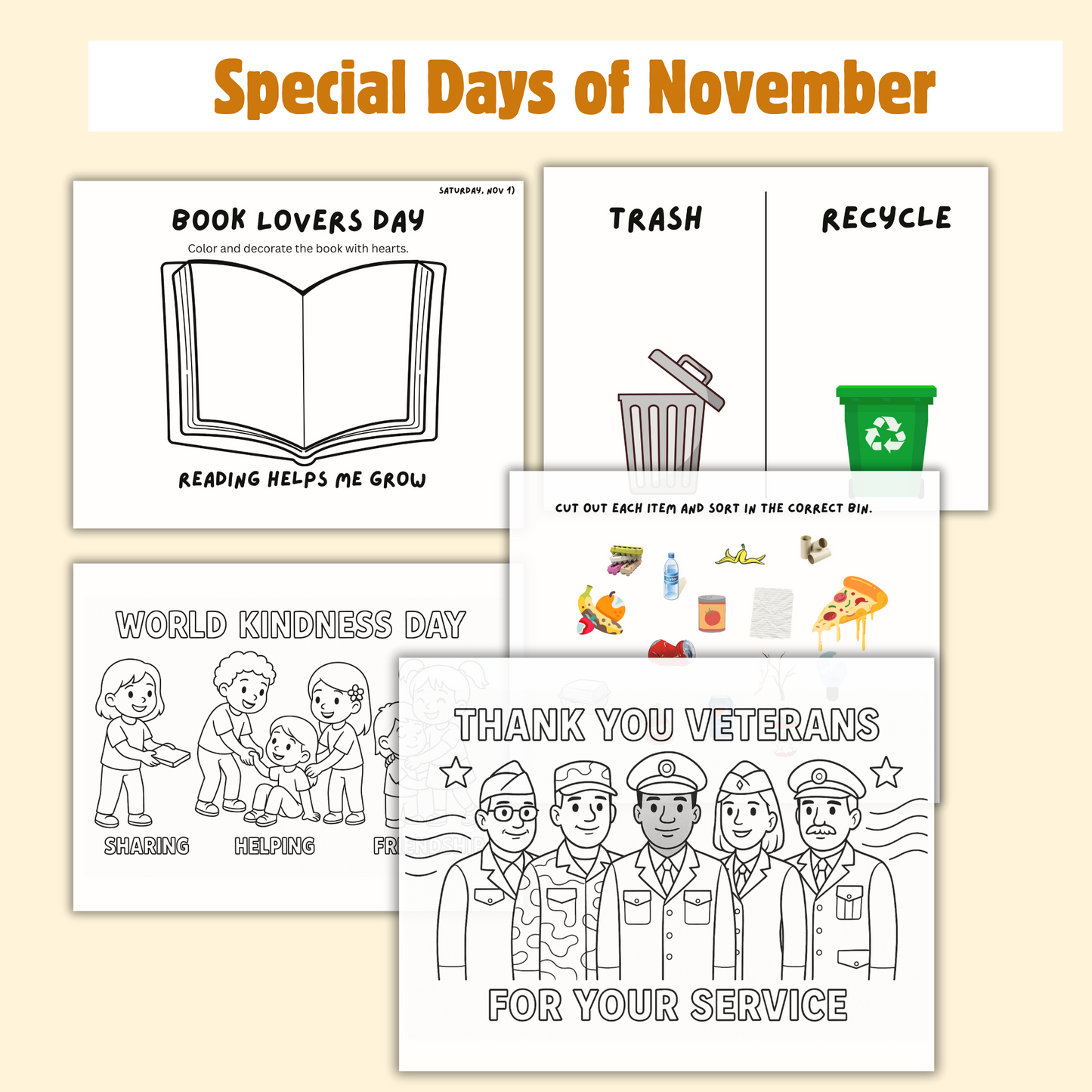 Community helpers & Kindness (2 weeks) November Theme worksheets. Pdf, descarga inmediata.
