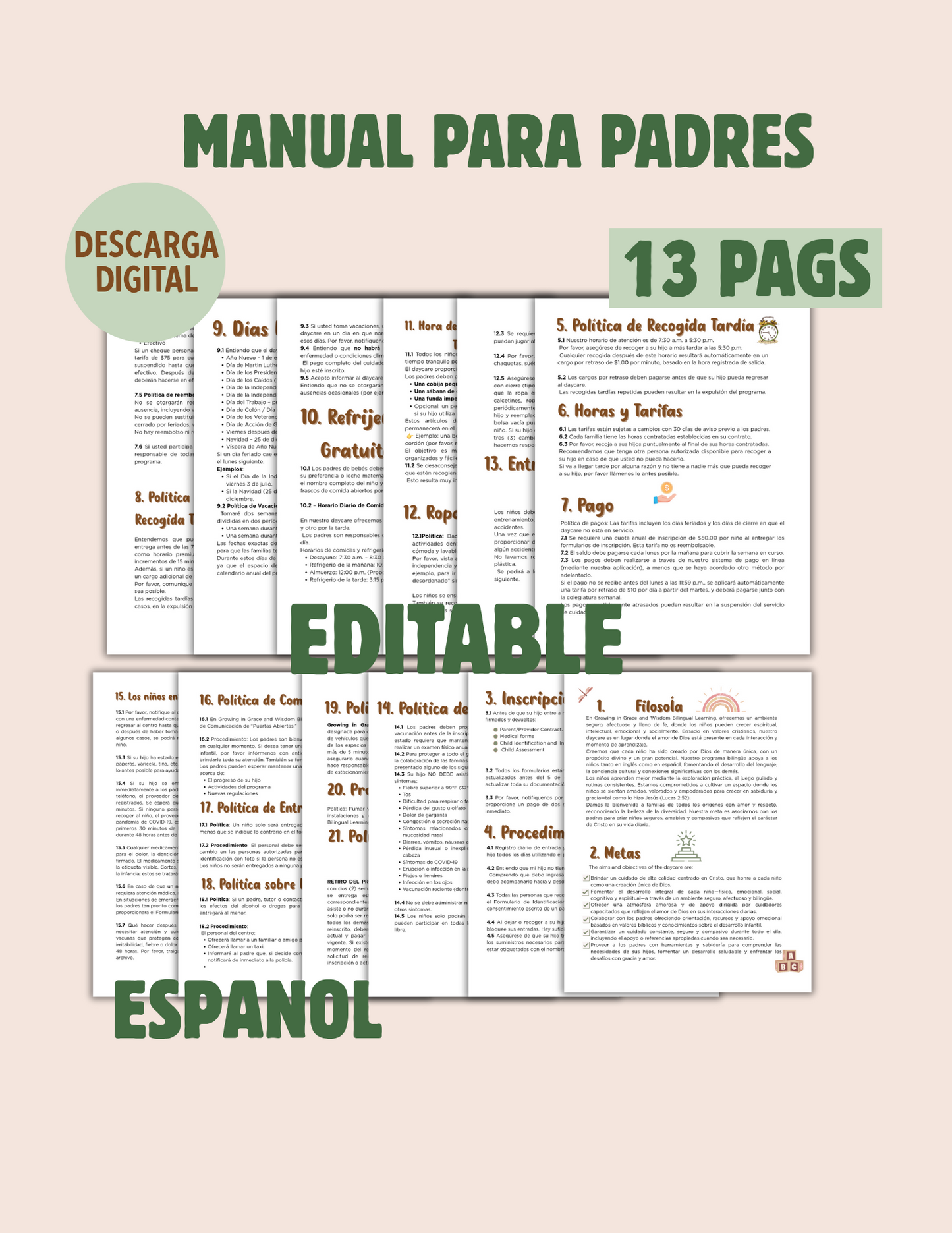Manual para Padres(Español) para guardería-Childcare-Homedaycare. Descarga Editable