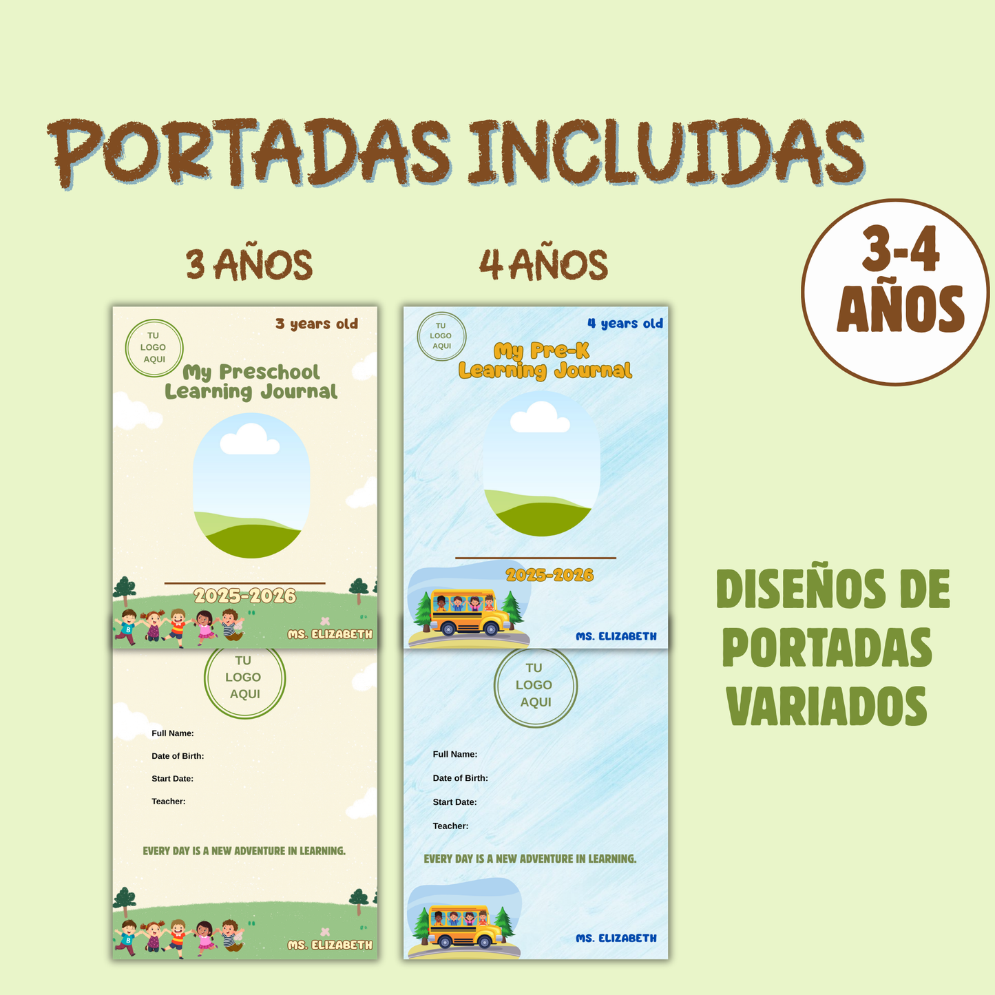 Portafolio Educativo Completo para niños de 3-4 años (Inglés y Español) Editable en canva