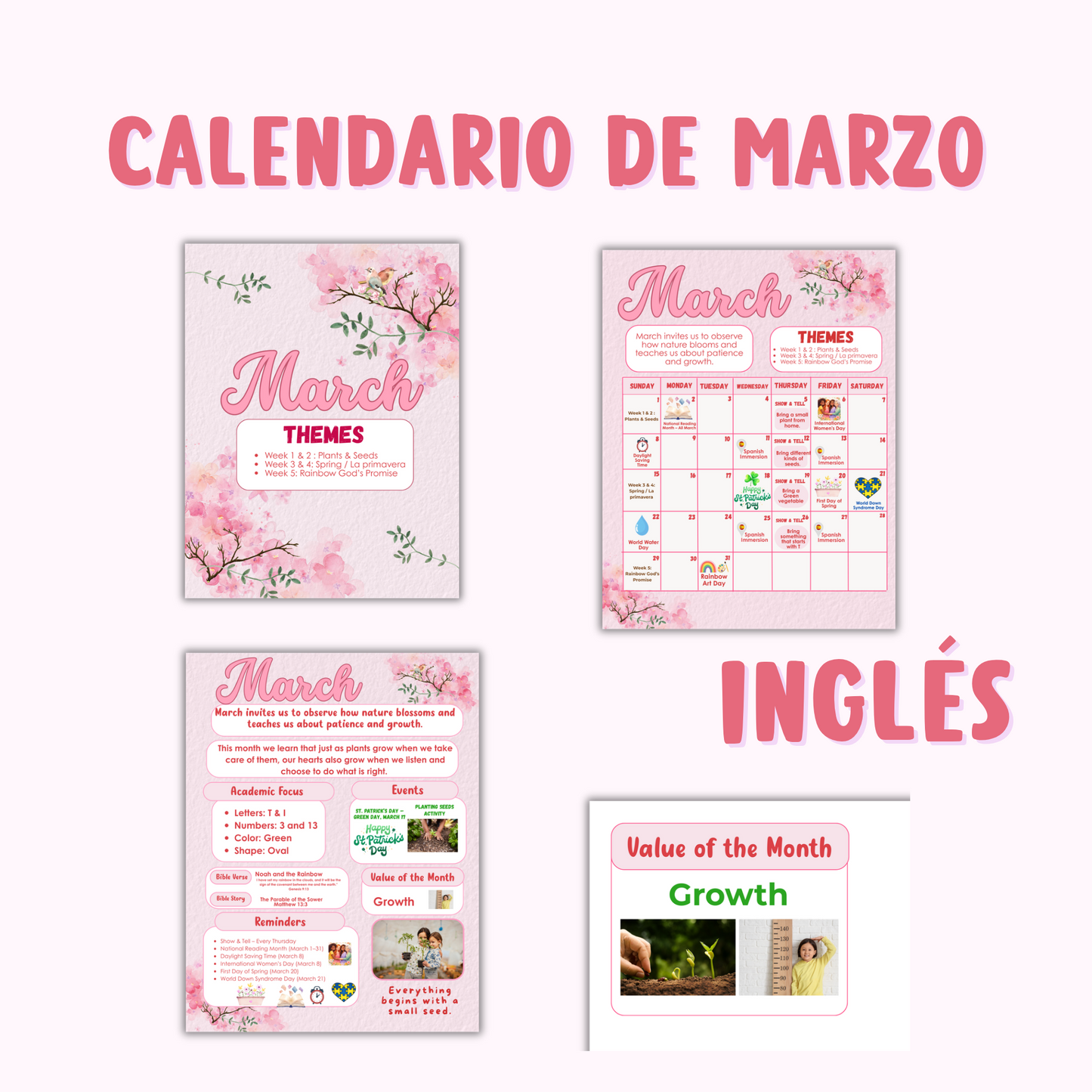 Calendario de Marzo para mural de padres (Inglés y Español) Editable en canva. Descarga inmediata