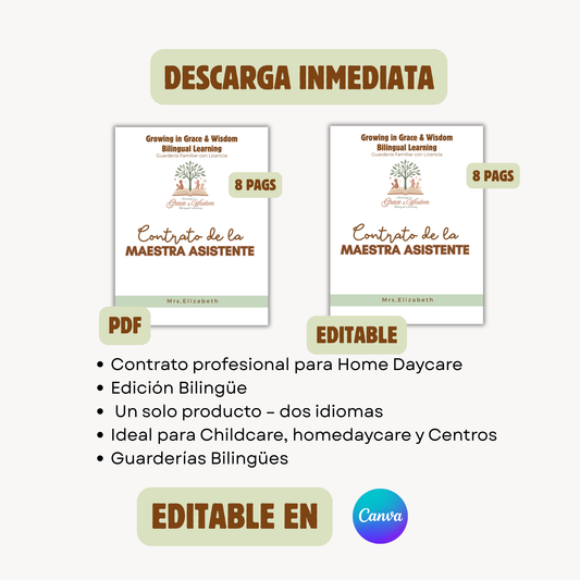 Contrato de la Maestra Asistente (Inglés & Español) Pdf & Editable. Descarga inmediata. 16 págs.