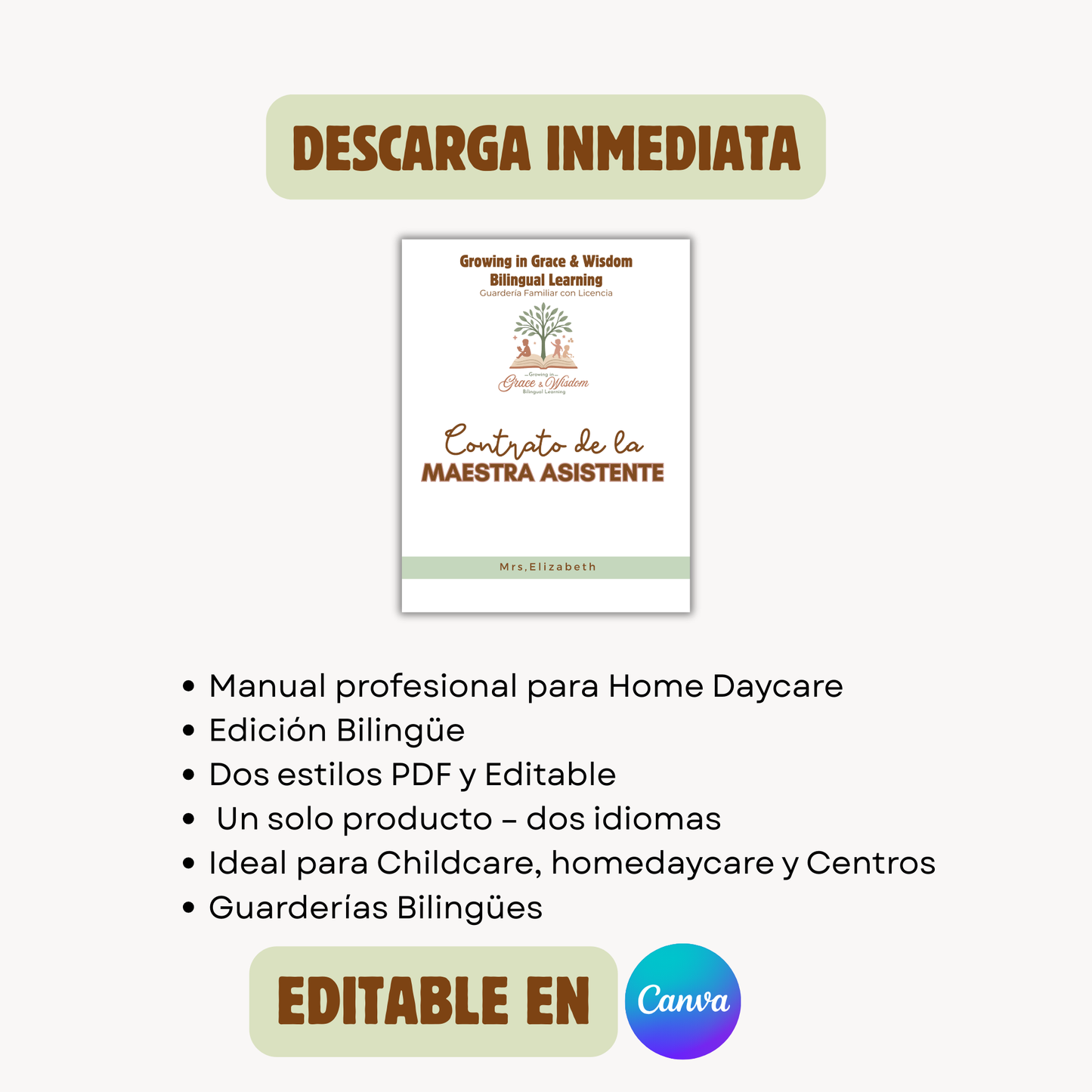 Manual para Asistente Maestra (Inglés&Español) (Pdf & Editable) Descarga inmediata. (30 págs)