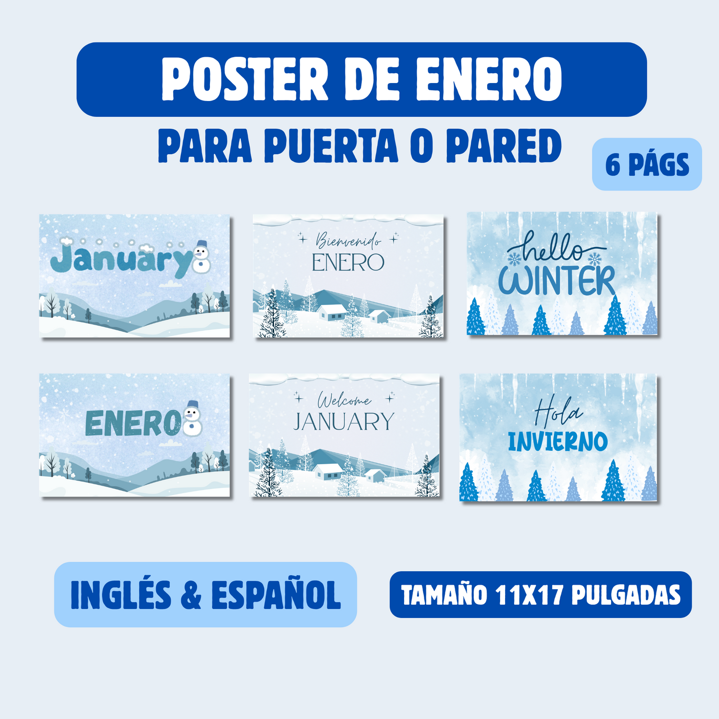 Diseño de Poster de Enero/Winter para puerta o pared para imprimir (tamaño 11x17") inglés y español