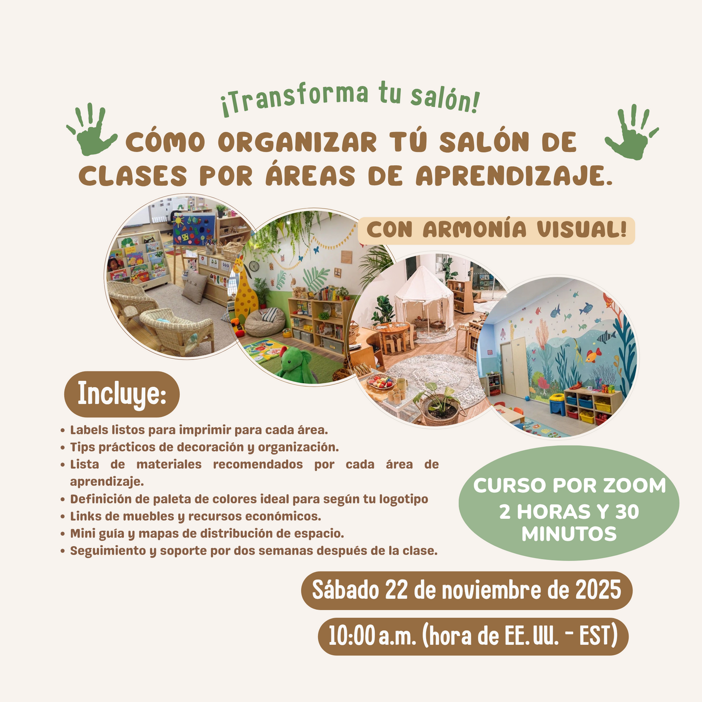 Curso "Organiza tú salón de clases por áreas de  Aprendizaje" clase por Zoom (2 horas y media)