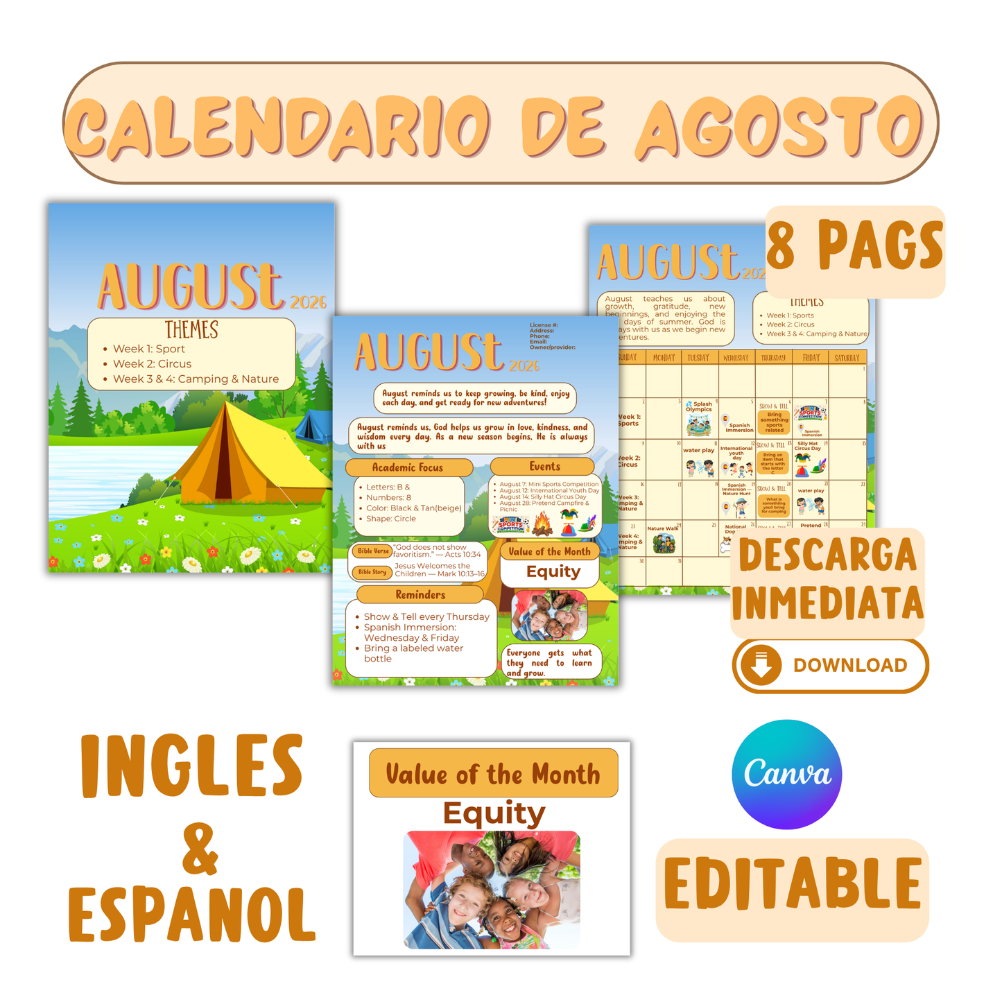 Calendario de agosto Editable