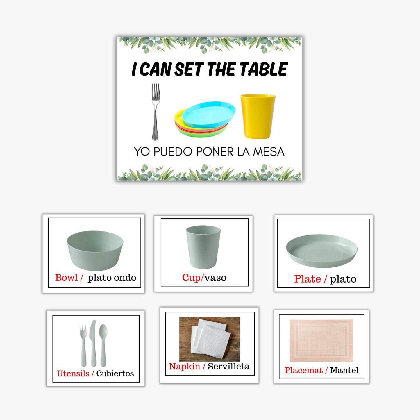 Etiquetas/Labels Bilingüe para el área de comer. Con imágenes reales.Descarga PDF. Listo para imprimir.