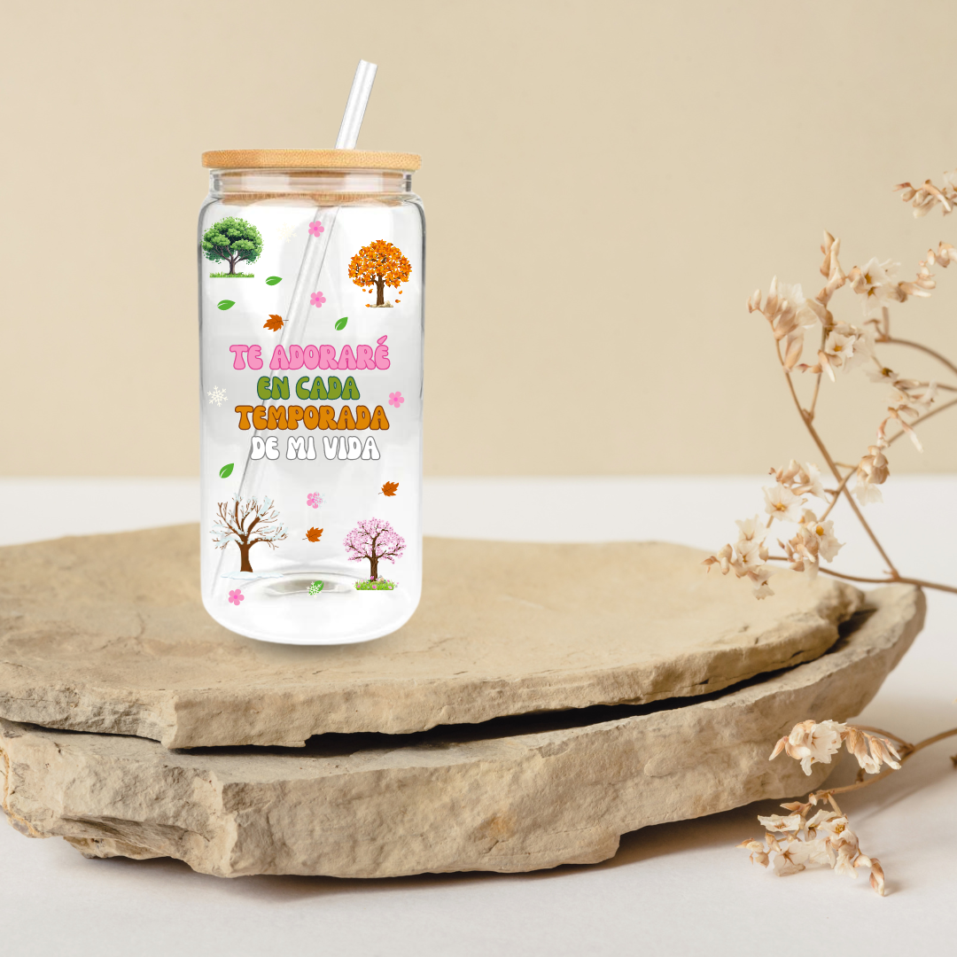 "Te adoraré" Vasos de vidrio con tapa de bambú