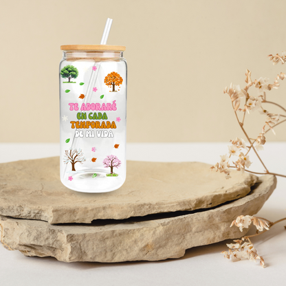 "Te adoraré" Vasos de vidrio con tapa de bambú
