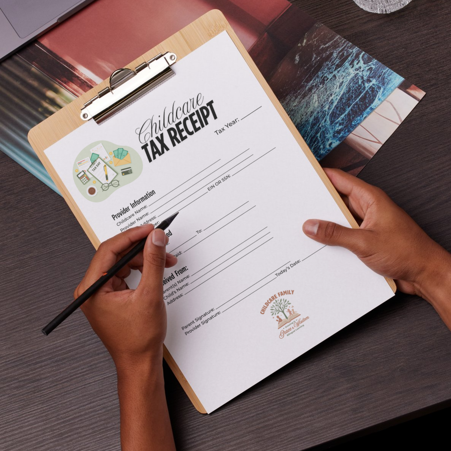 Plantilla Childcare TAX Receipt | 1 Página, 4 Versiones | Con + Sin Logo | Inglés + Español | Descarga Instantánea-Tamaño carta (8.5 x 11 in).