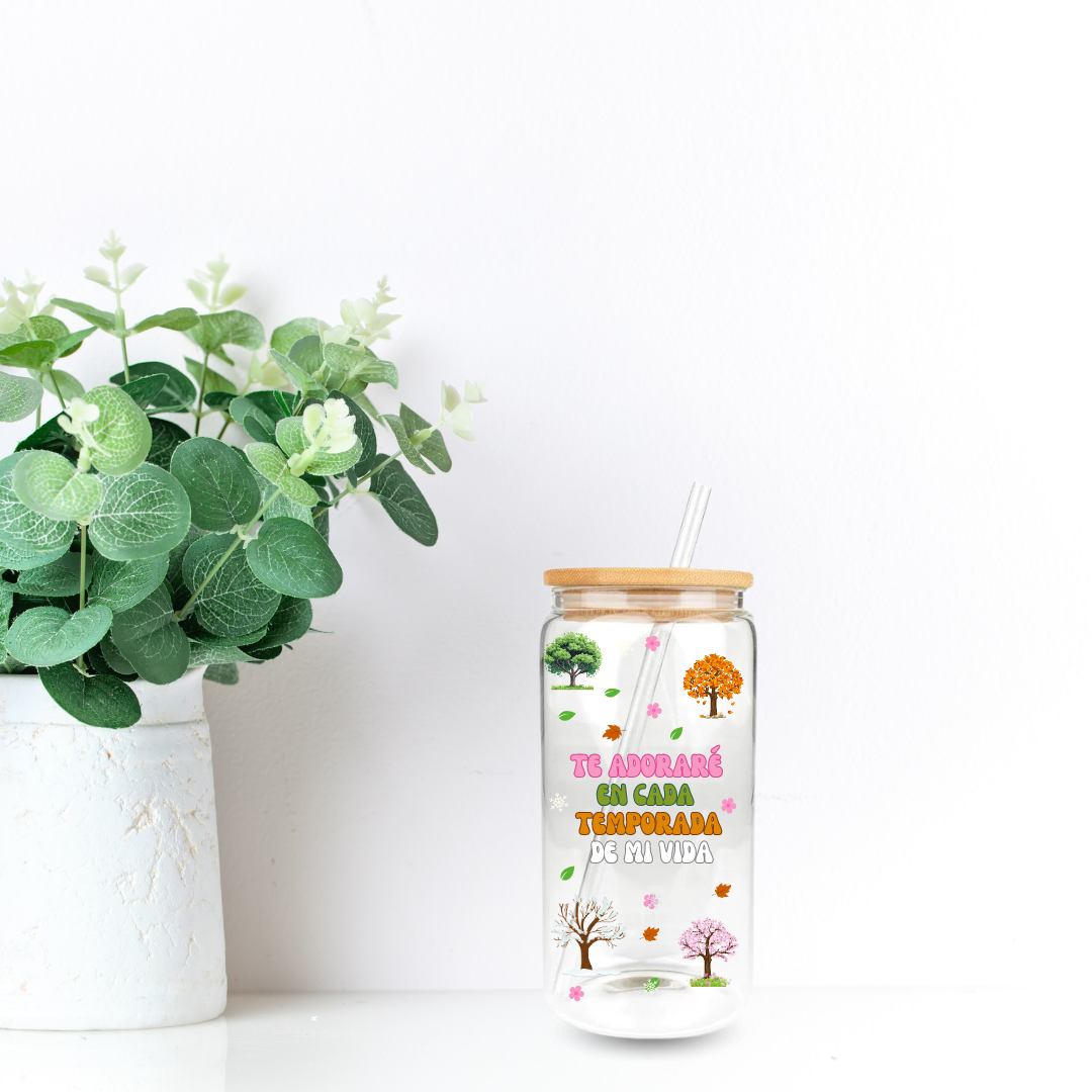 "Te adoraré" Vasos de vidrio con tapa de bambú