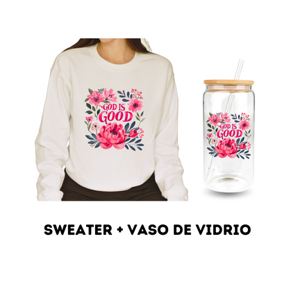 Giftbox "God is Good" (Sweater + vaso de vidrio)