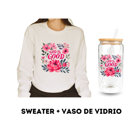 Giftbox "God is Good" (Sweater + vaso de vidrio)