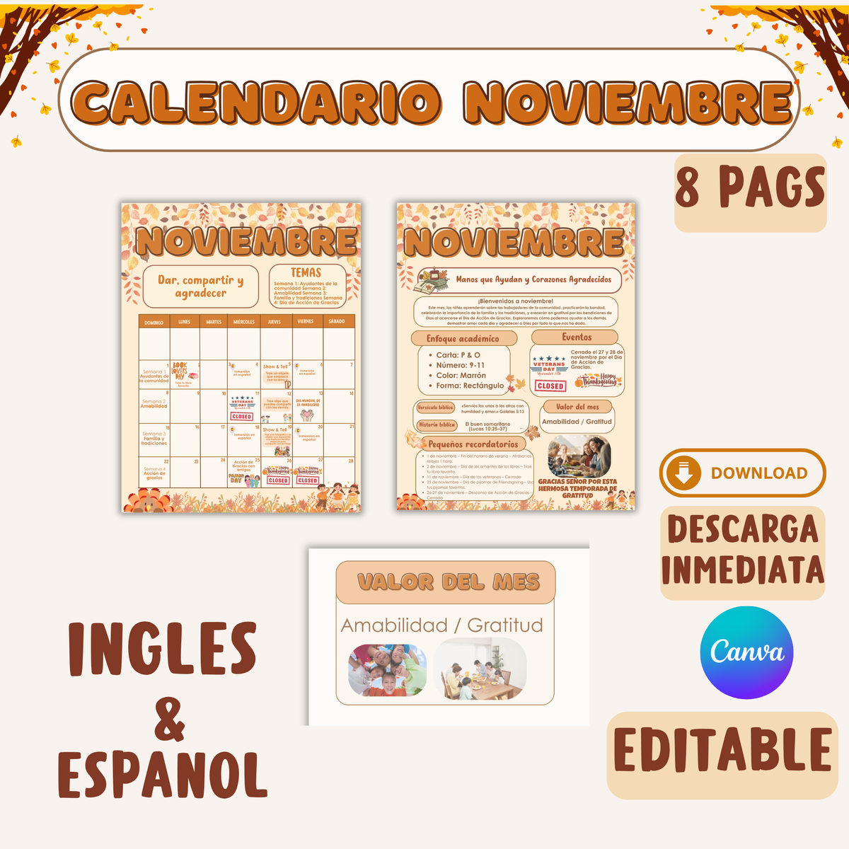 Calendario de Noviembre Editable en canva. descarga inmediata