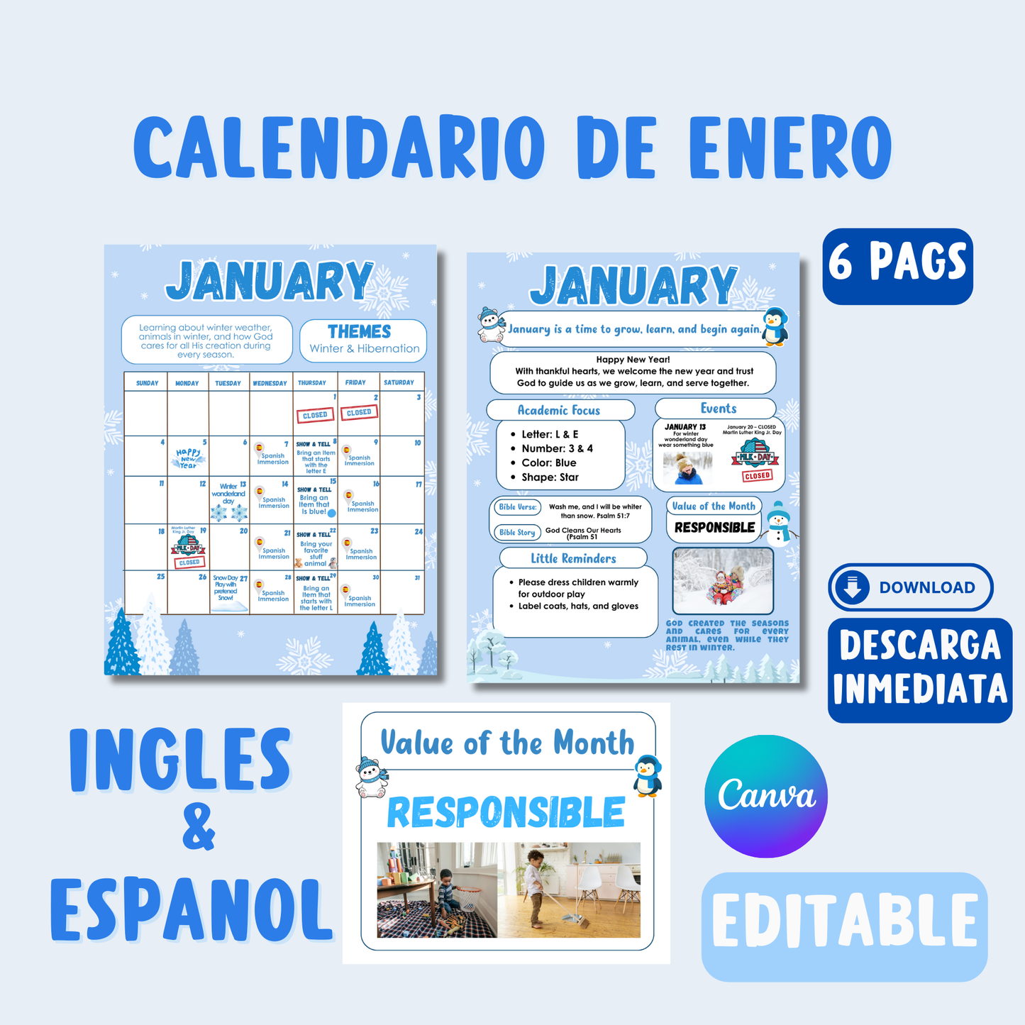 Calendario de Enero / Winter (Inglés y español) editable en canva. Descarga inmediata