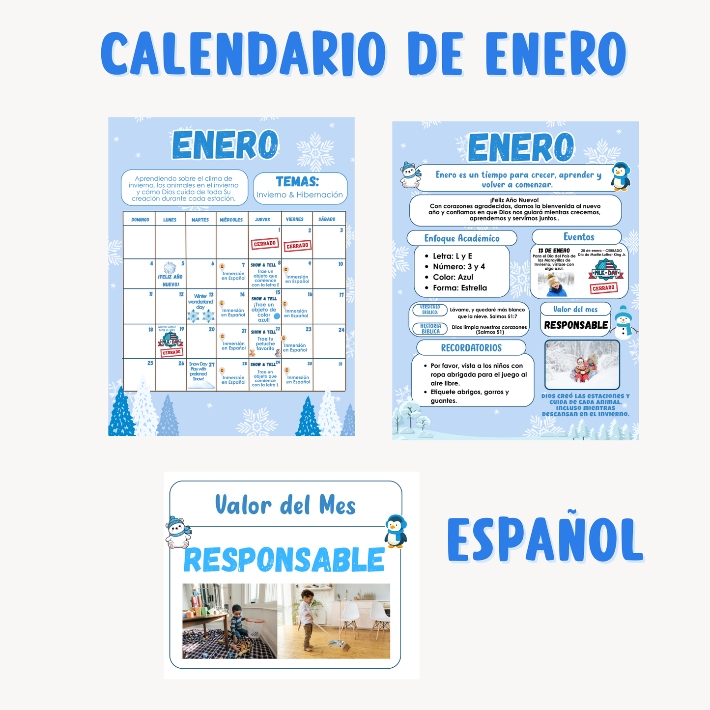 Calendario de Enero / Winter (Inglés y español) editable en canva. Descarga inmediata