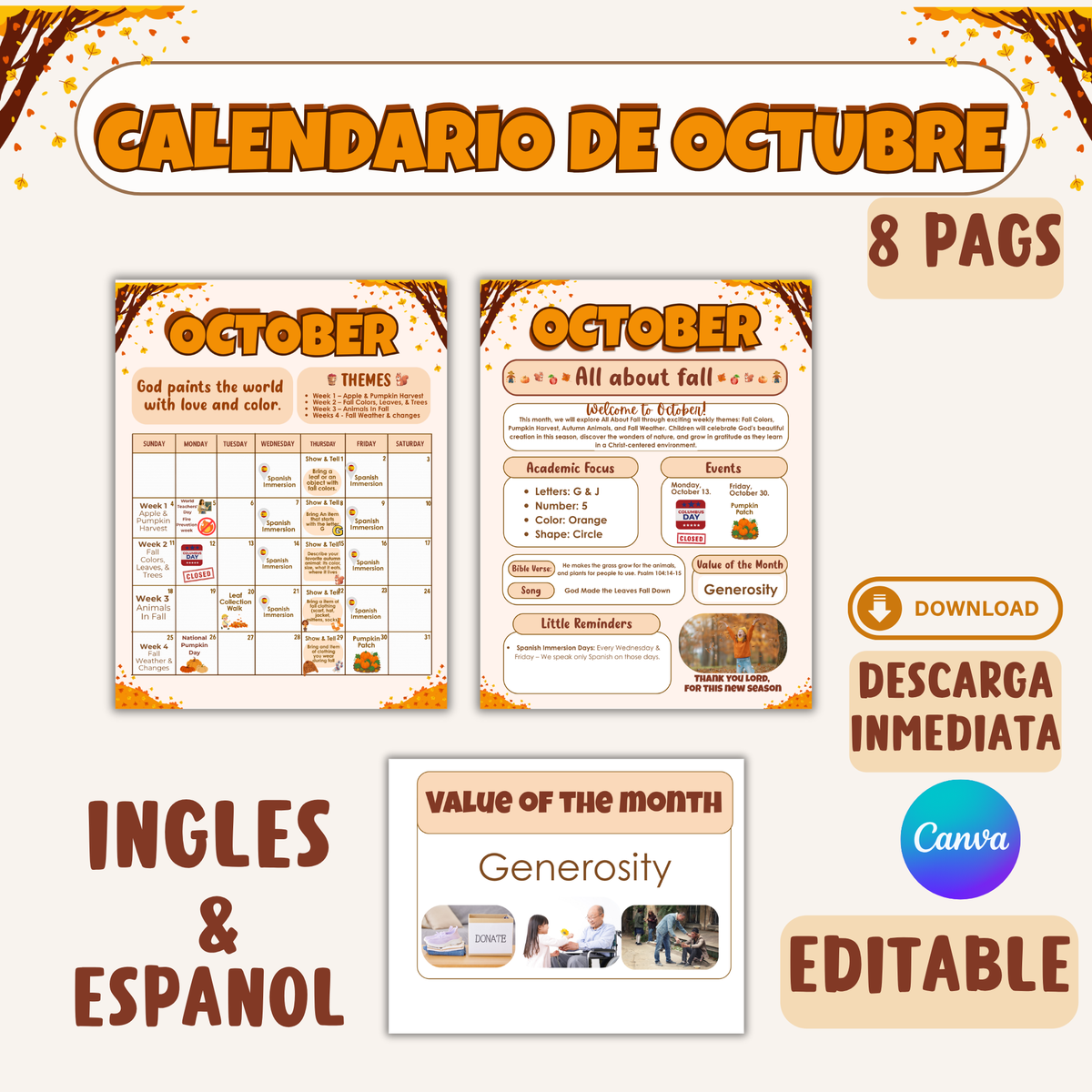 Calendario de Octubre Editable en canva. descarga inmediata