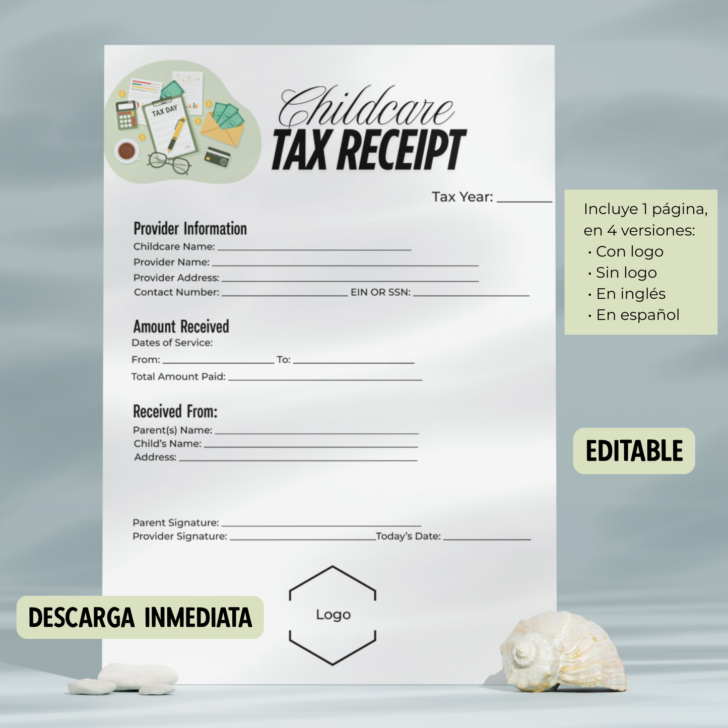 Plantilla Childcare TAX Receipt | 1 Página, 4 Versiones | Con + Sin Logo | Inglés + Español | Descarga Instantánea-Tamaño carta (8.5 x 11 in).