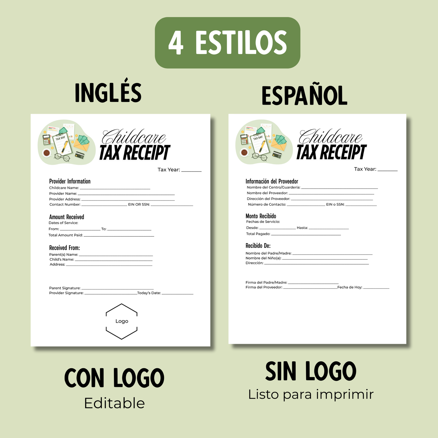 Plantilla Childcare TAX Receipt | 1 Página, 4 Versiones | Con + Sin Logo | Inglés + Español | Descarga Instantánea-Tamaño carta (8.5 x 11 in).