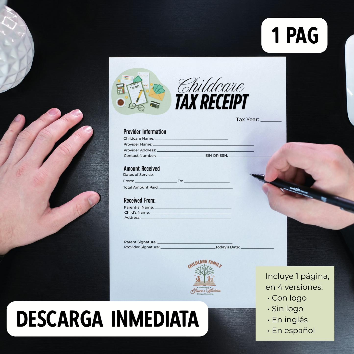 Plantilla Childcare TAX Receipt | 1 Página, 4 Versiones | Con + Sin Logo | Inglés + Español | Descarga Instantánea-Tamaño carta (8.5 x 11 in).