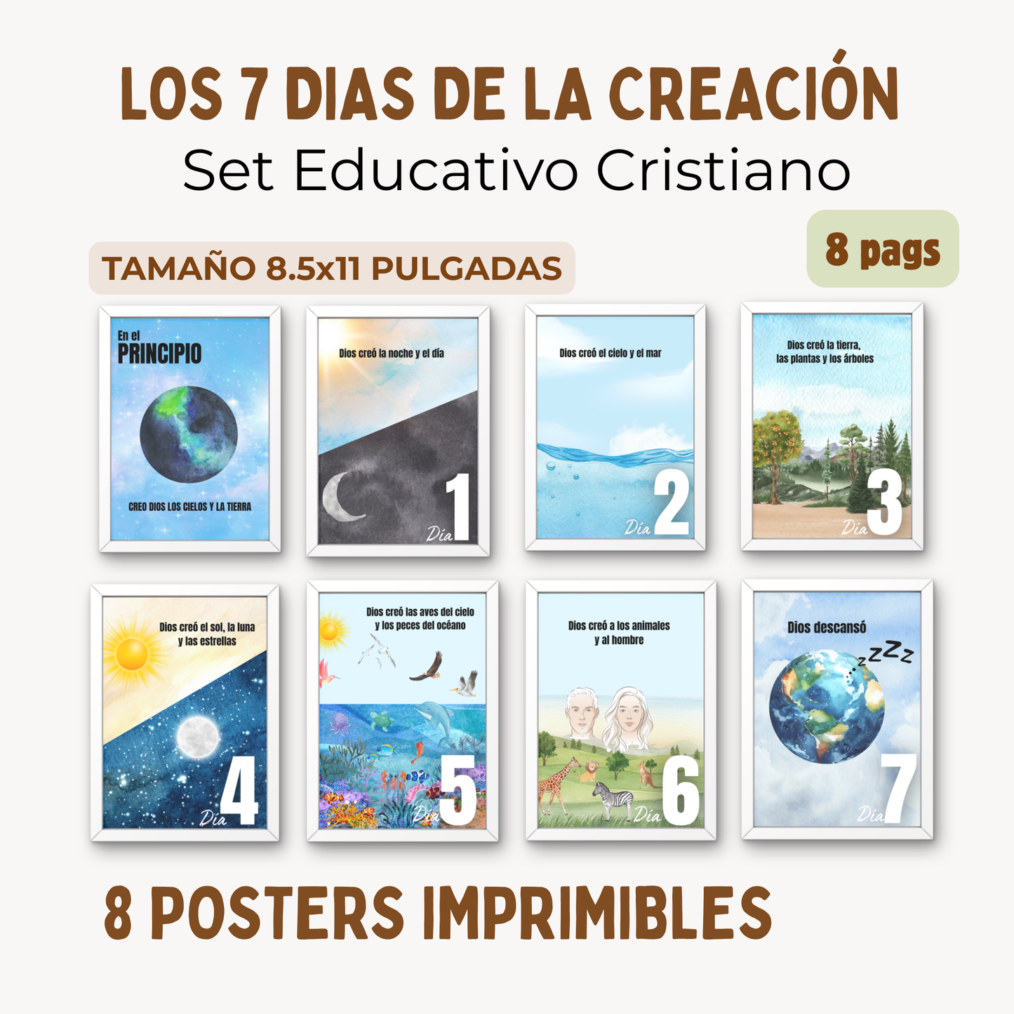 Los 7 Días de la Creación – Set de Posters para Niños (Descarga Inmediata)Tamaño: 8.5 x 11 pulgadas (tamaño carta)