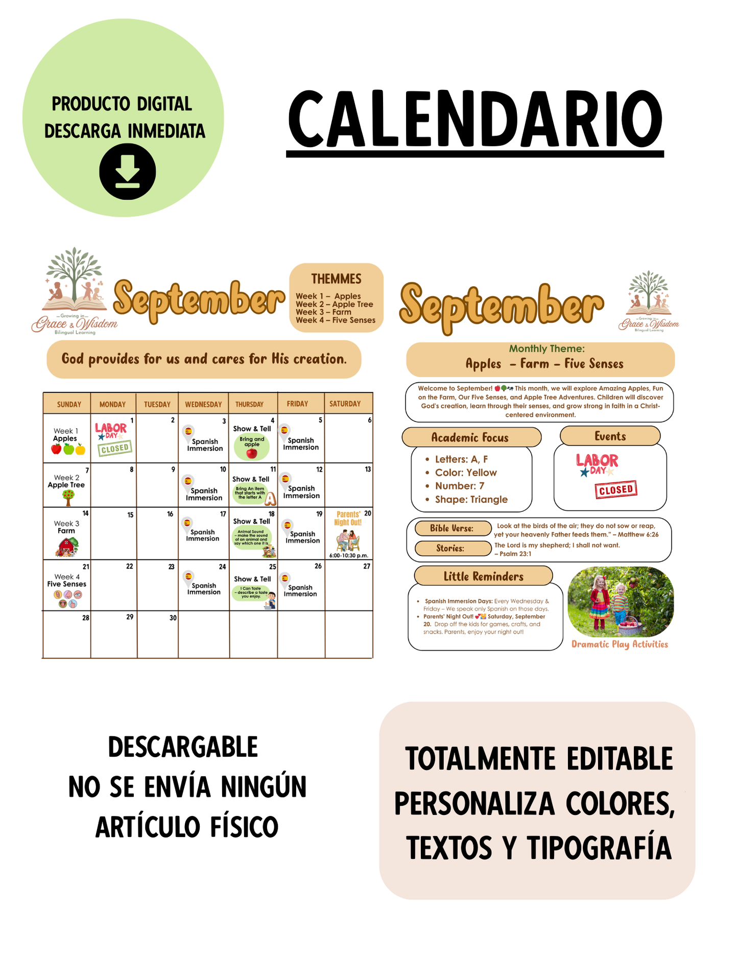 Editable September Calendar & Monthly Newsletter | English & Spanish | Digital Download