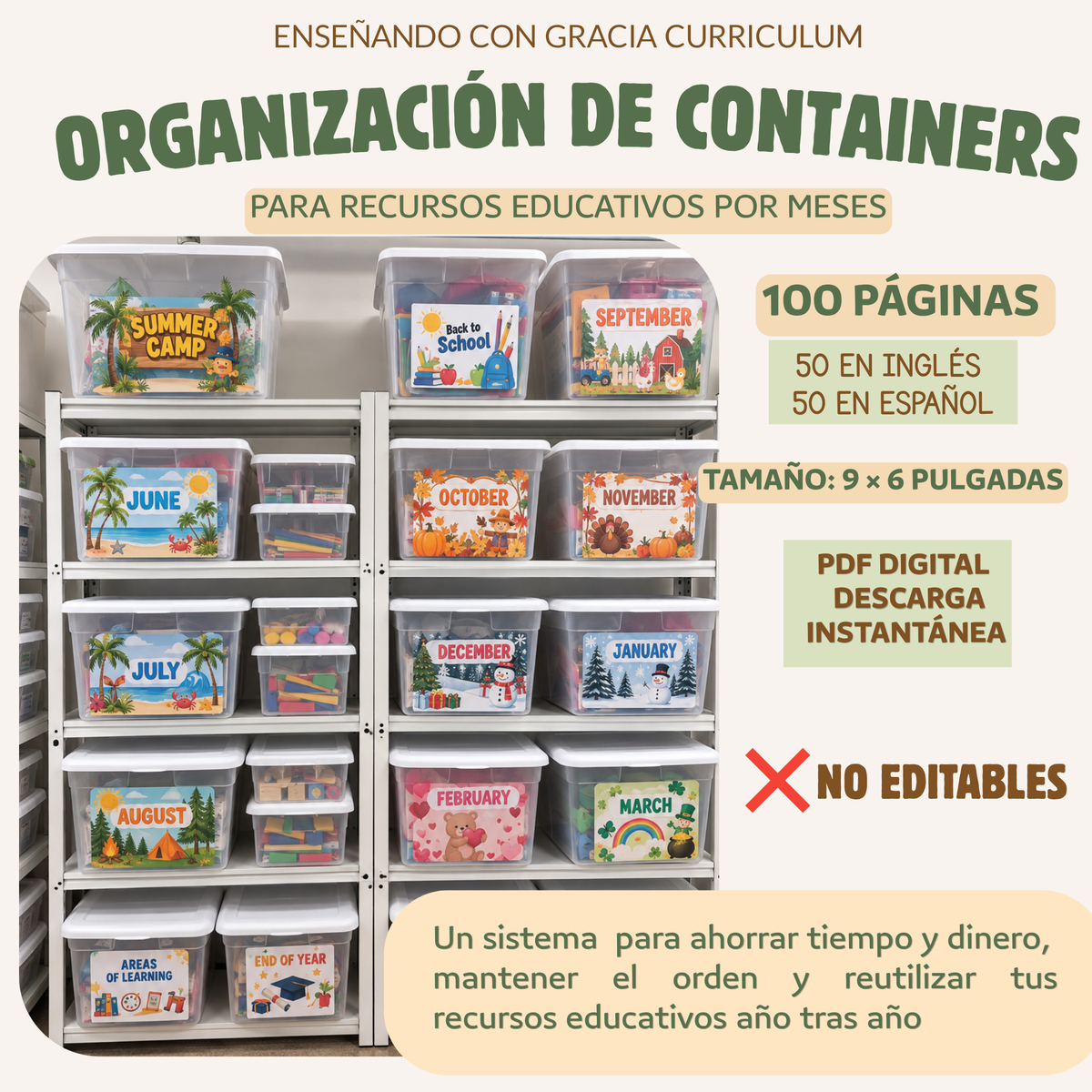 Sistema de Organización de Containers (12 Meses) | 100 Labels Imprimibles Ingles y Espanol