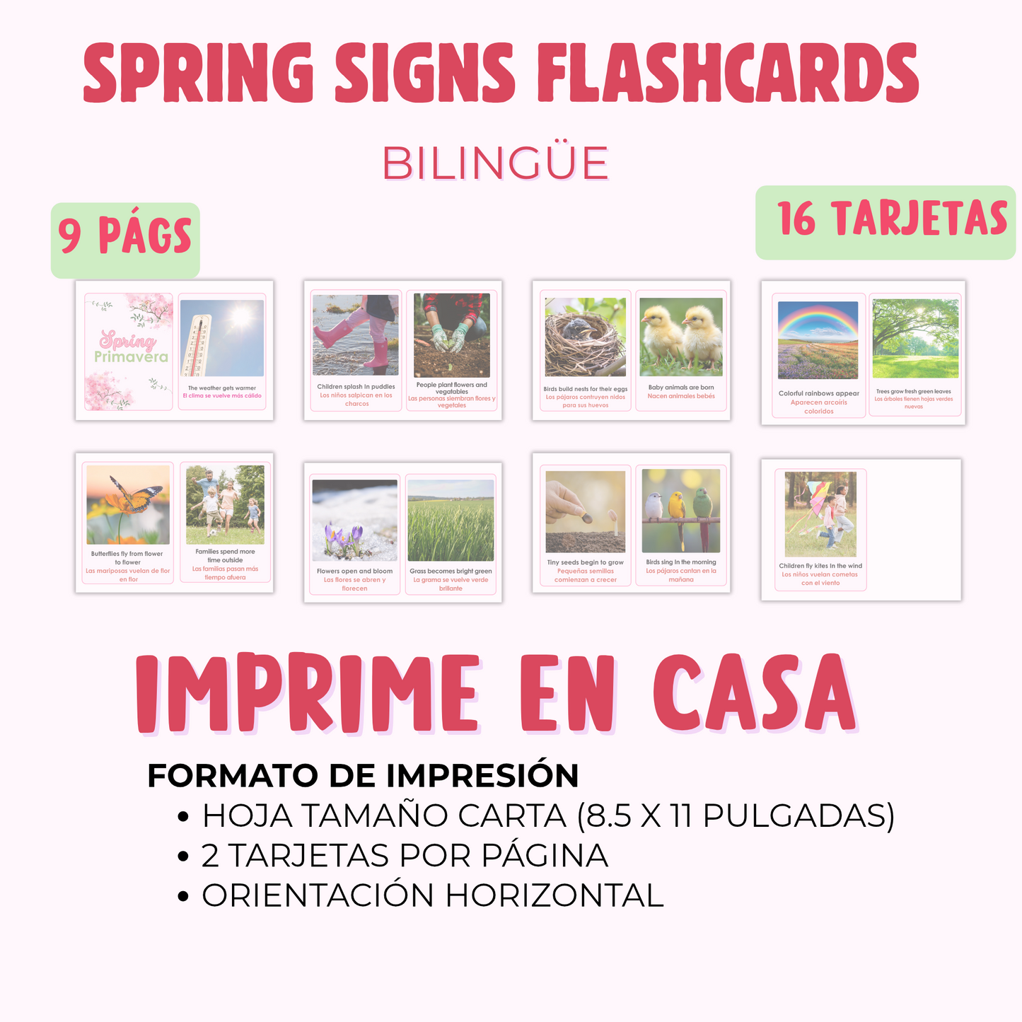 Tarjetas Educativas Bilingüe sobre la Primavera( formato PDF) 16 flashcards. Descarga inmediata. Imprimible en casa.