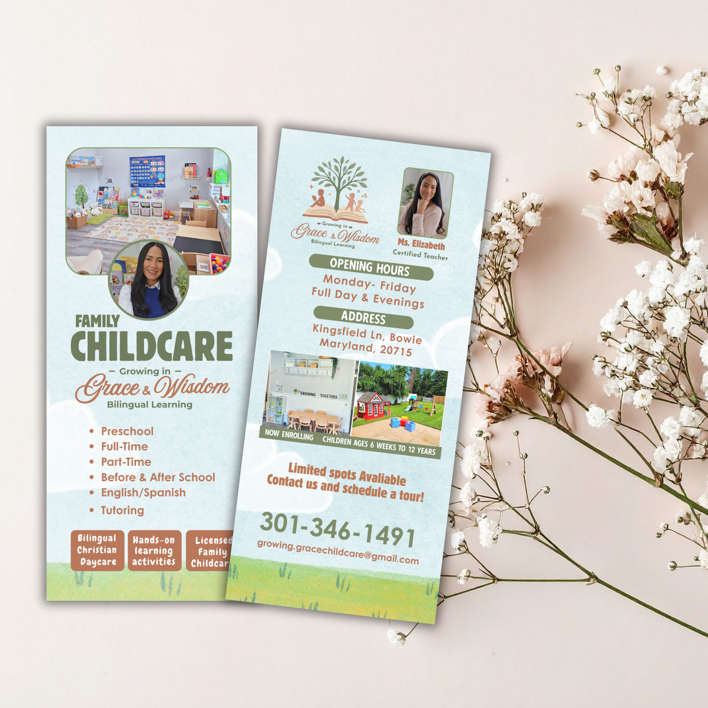 Flyer Vertical para promocionar Guarderías, Maestras, babysitter, emprendimiento, negocio| Plantilla Editable Canva (4x9 in)