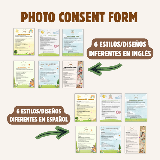 Consentimiento para fotos/14 págs/ editable en canva/6 estilos diseños/inglés y español /con logo y sin logo.