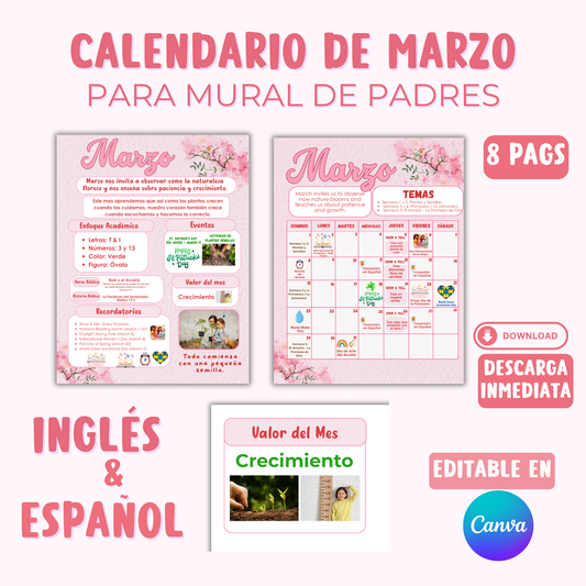Calendario de Marzo para mural de padres (Inglés y Español) Editable en canva.  Descarga inmediata