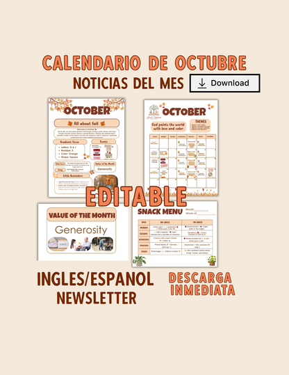 Parents Board – Editable, Bilingüe (Inglés/Español), Integración Cristiana, Descarga Inmediata, – Octubre / October Fall Calendar