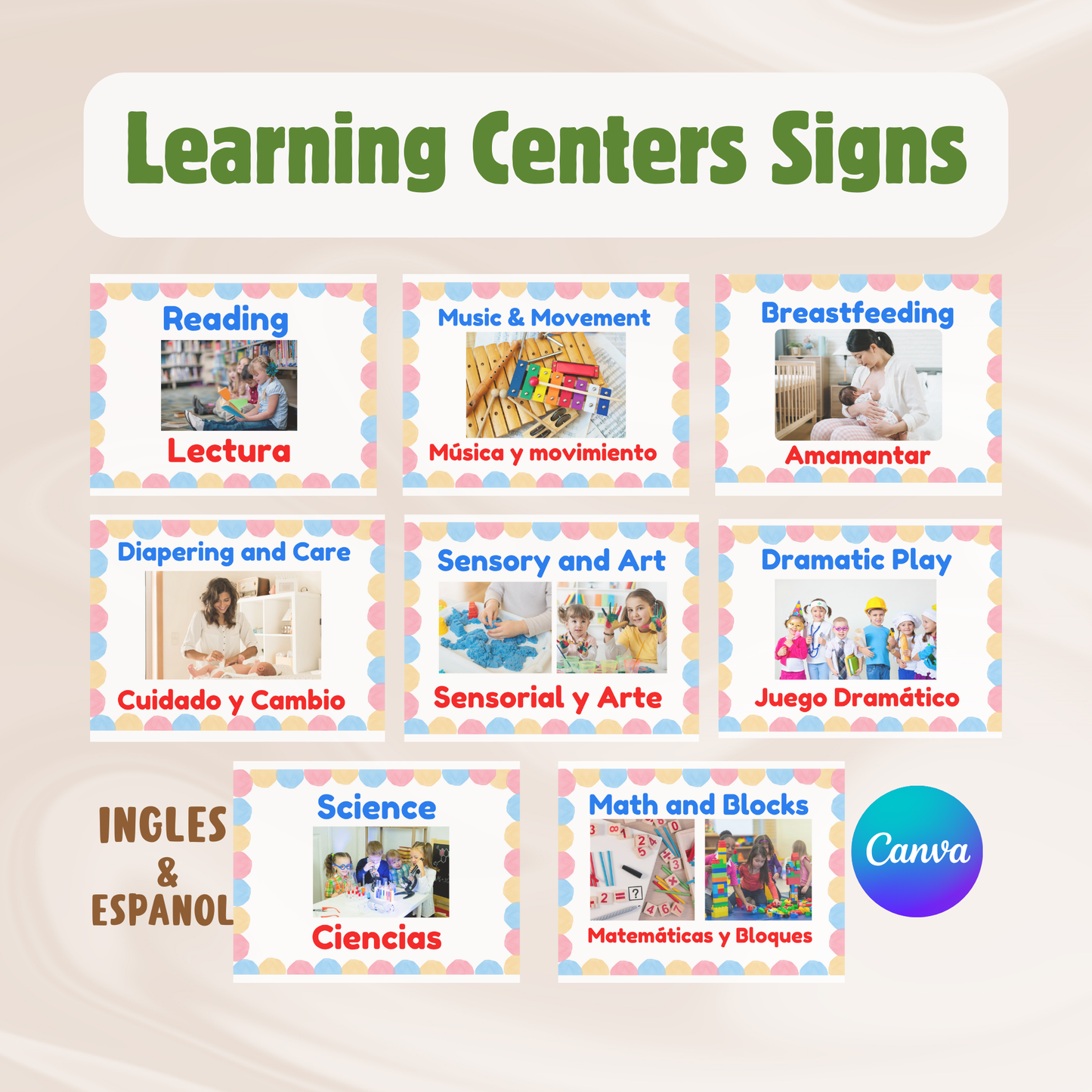 Labels Bilingües Para Áreas de Aprendizaje. Learning Center Sings. Editable en canva. Descarga inmediata.