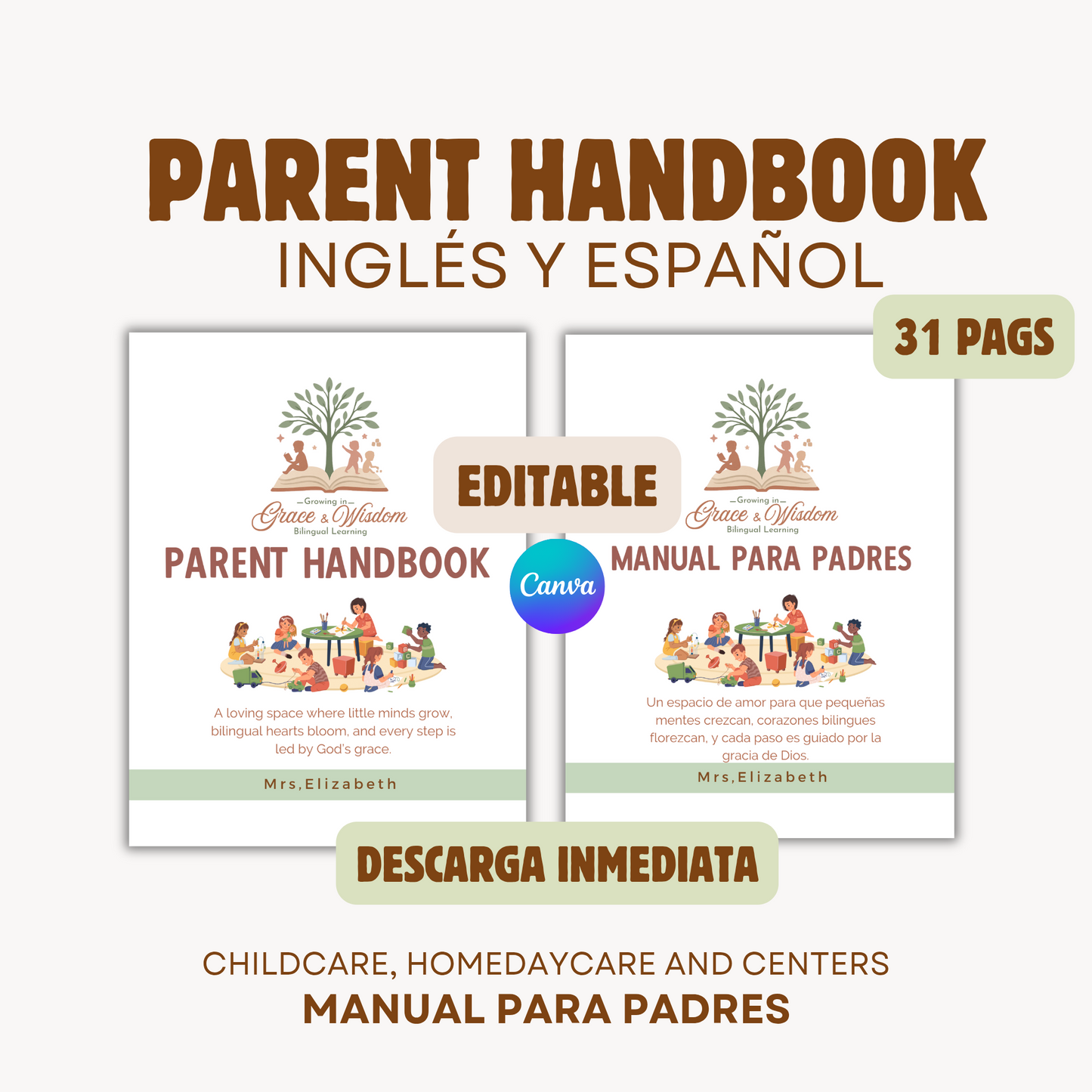 Parent Handbook (Inglés y Español) Editable en canva- 31 pags Descarga inmediata.