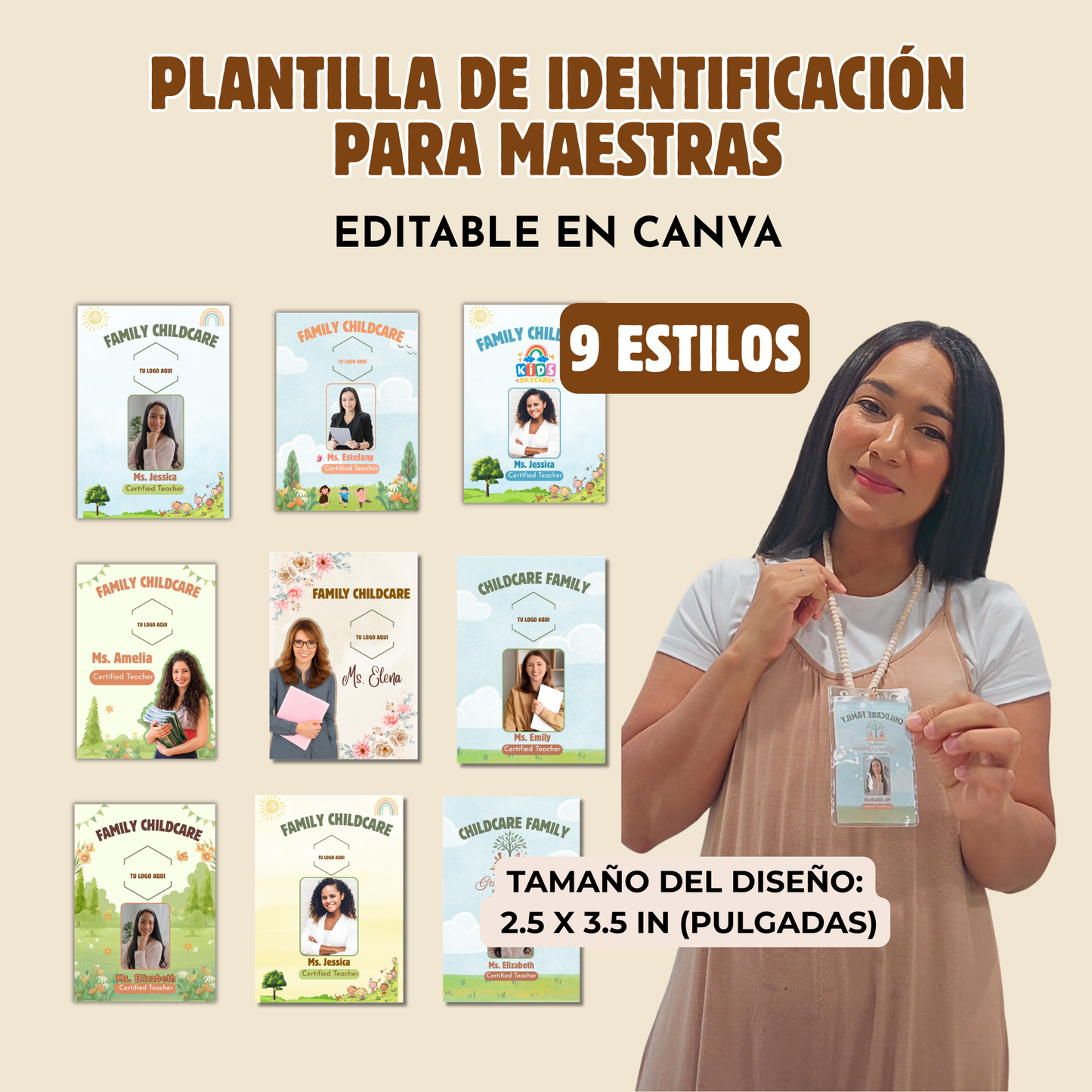Plantilla Editable de carnet de identification para Maestras y staff. 9 estilos. Descarga inmediata