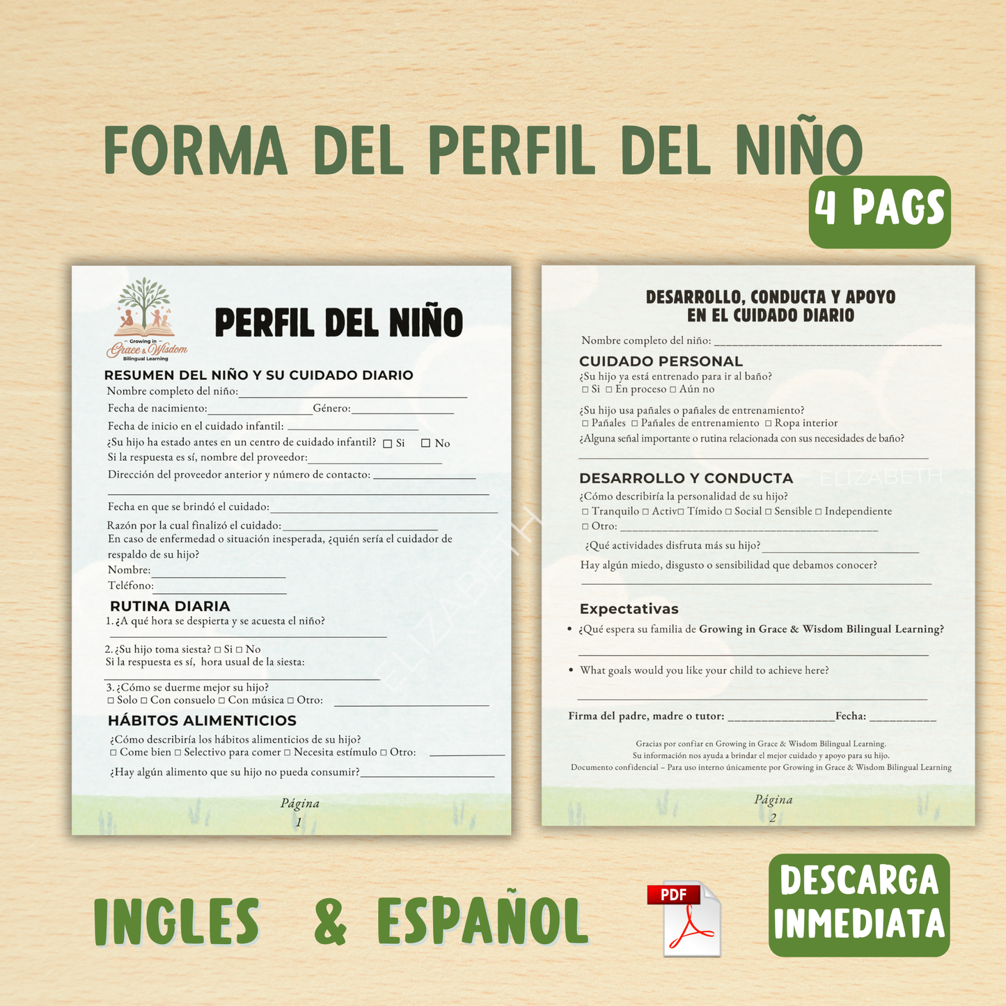 "Perfil del Niño" formulario de inscripción. Childcare Conociendo al niño/ inglés y español. Descarga pdf. Guardería