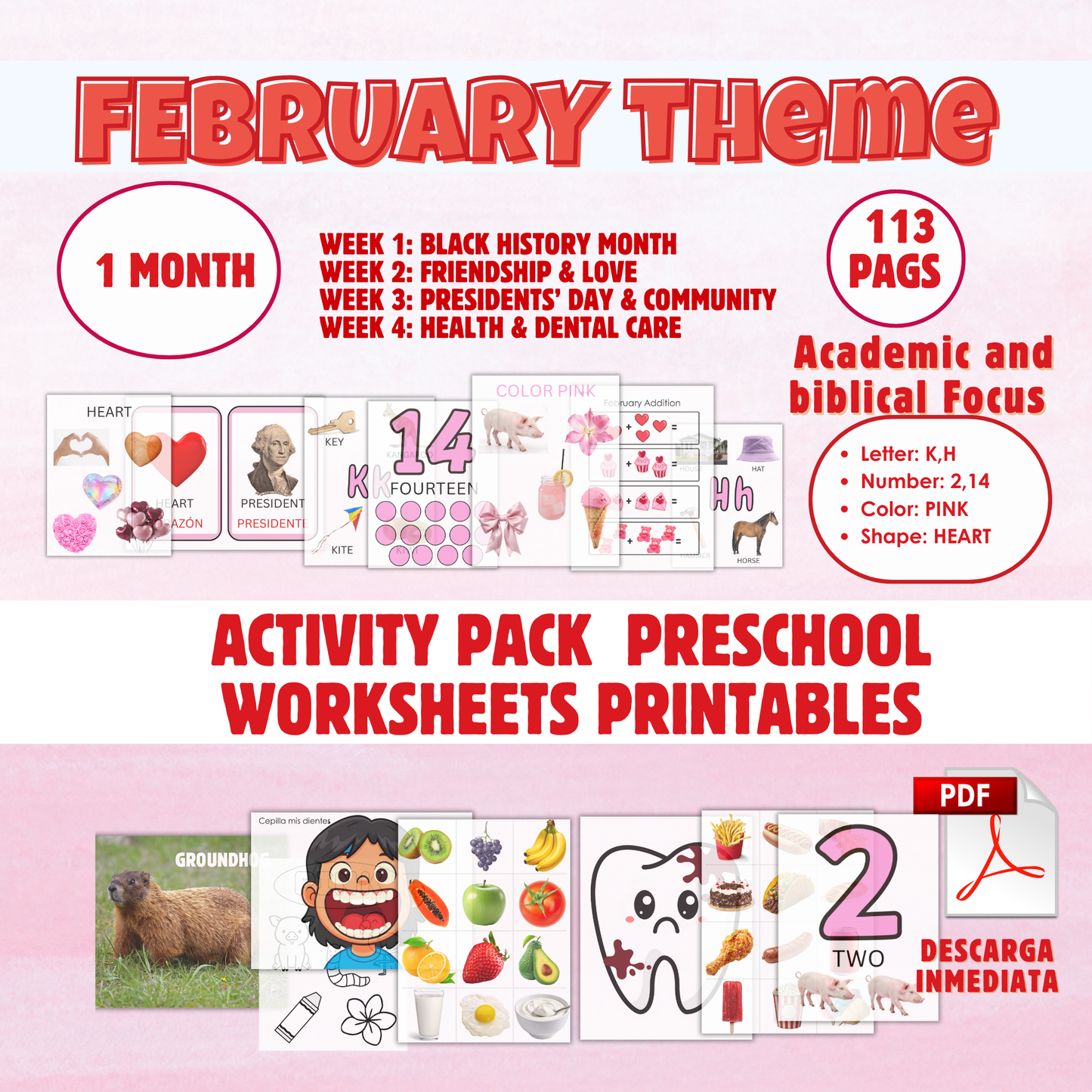 February Theme ( Activity Pack) Preschool Worksheets imprimibles PDF Descarga