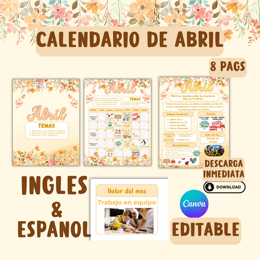 Calendario de Abril (editable) Inglés y Español.