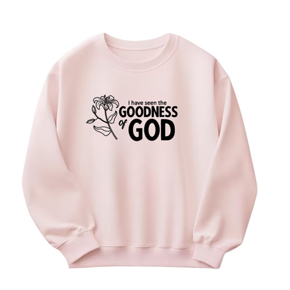 Sueter Rosa viejo " La Bondad de Dios" en inglés y español.
