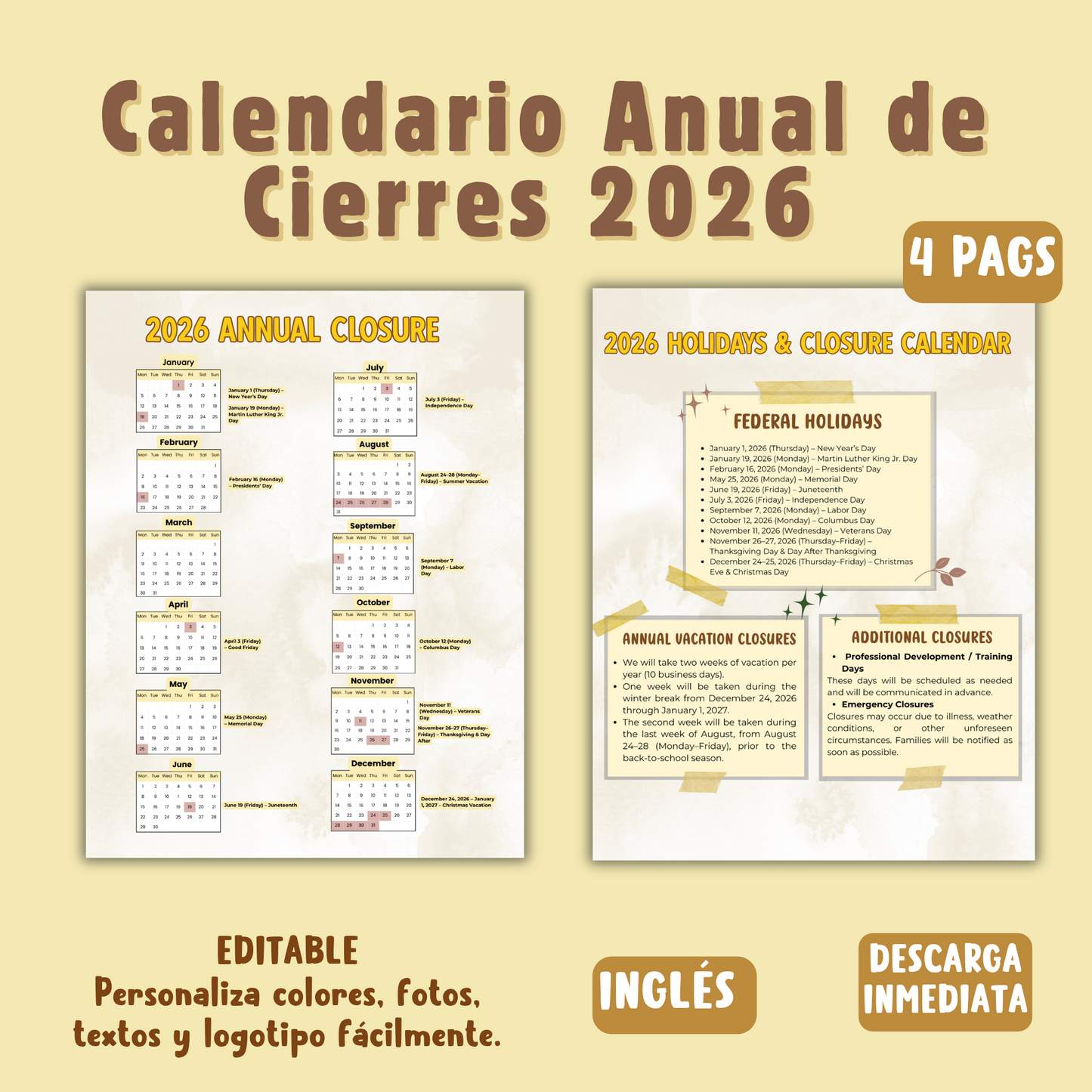 Calendario Anual de Cierres 2026 editable/ Inglés-2 estilos- 4 páginas