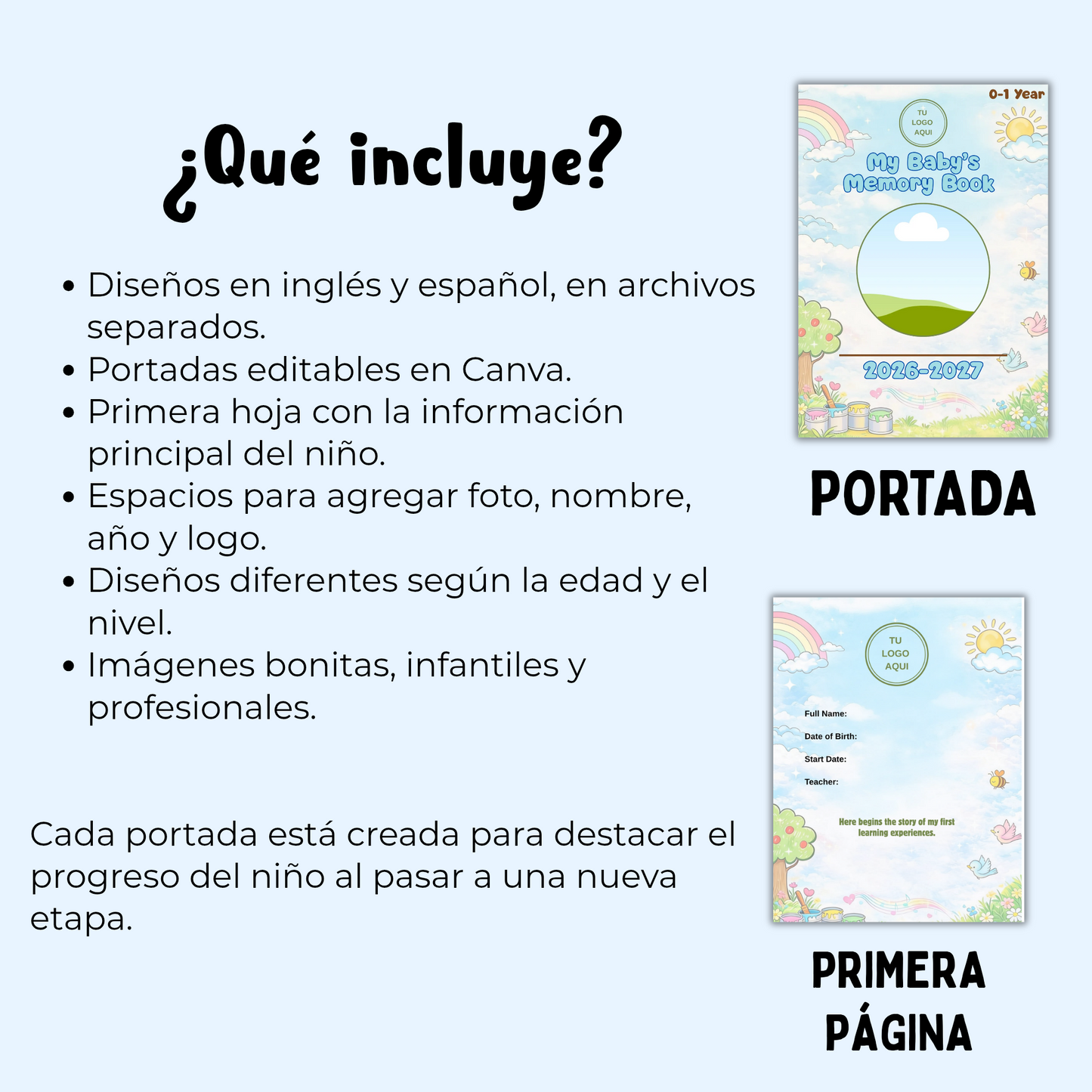 Portadas de Portafolio preescolar infantil, Diario de Aprendizaje, Inglés y Español.  Editable