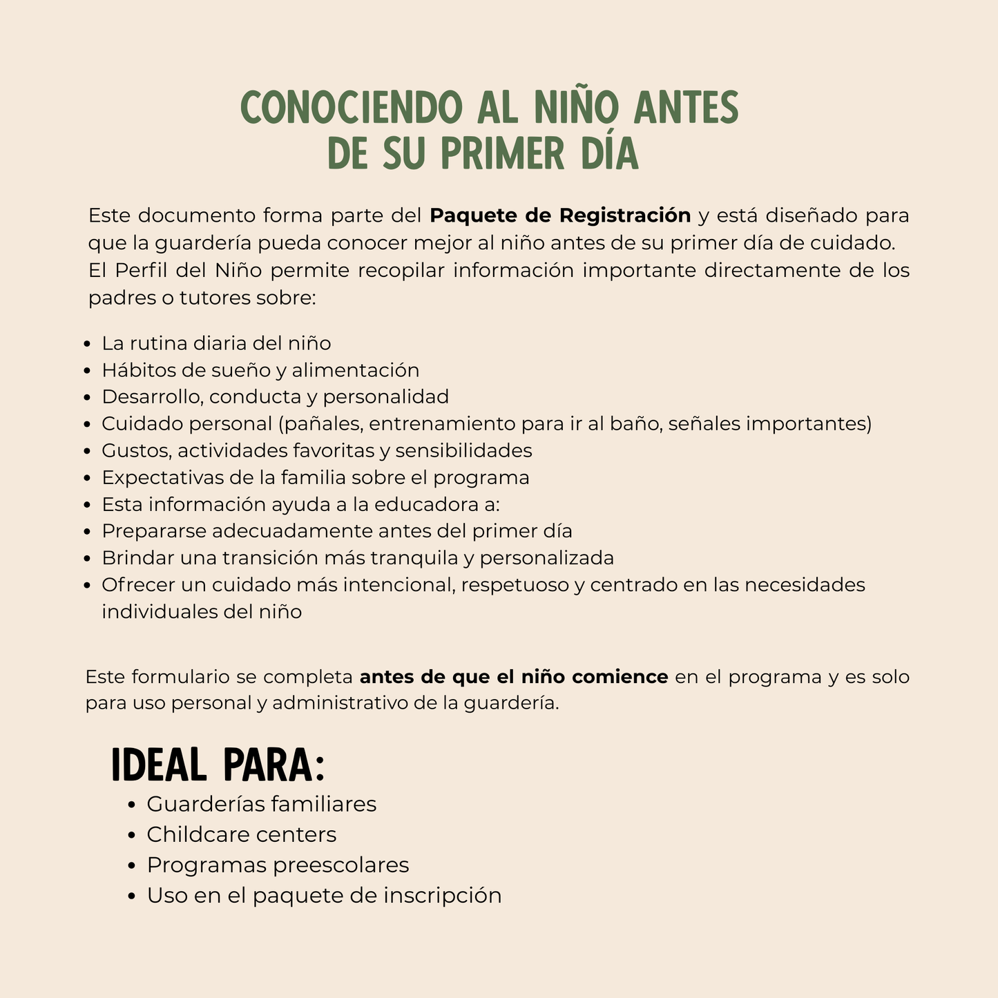 "Perfil del Niño" formulario de inscripción. Childcare Conociendo al niño/ inglés y español. Descarga pdf. Guardería