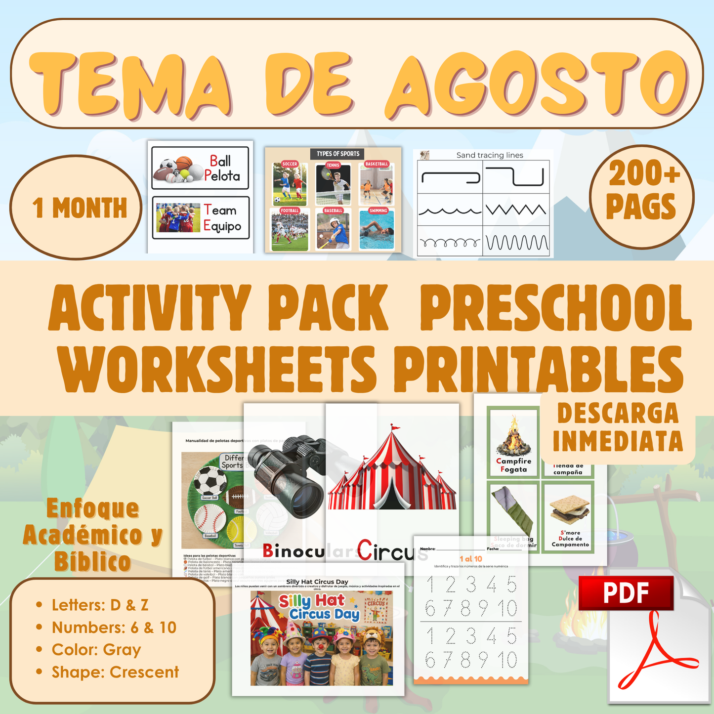 Tema de Agosto PDF, Actividades en inglés y español