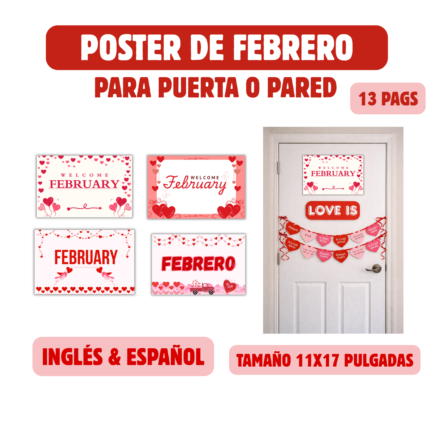 Diseño de Poster de Febrero para puerta o pared para descargar e imprimir  (tamaño 11x17) Inglés y Español