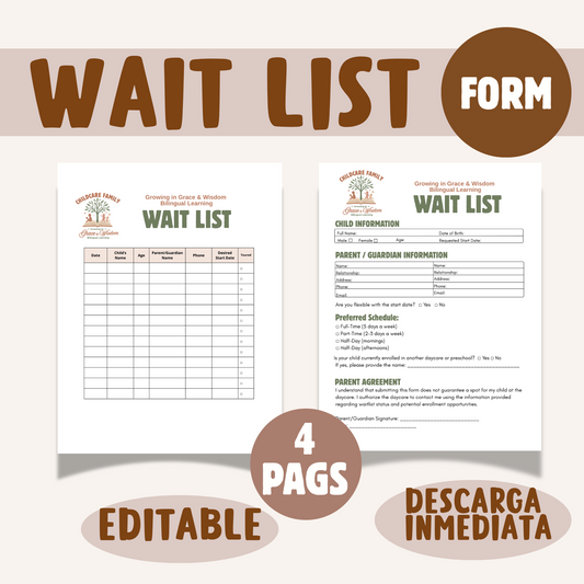 Childcare Wait List Form- Bilingüe- Editable-Descarga Inmediata